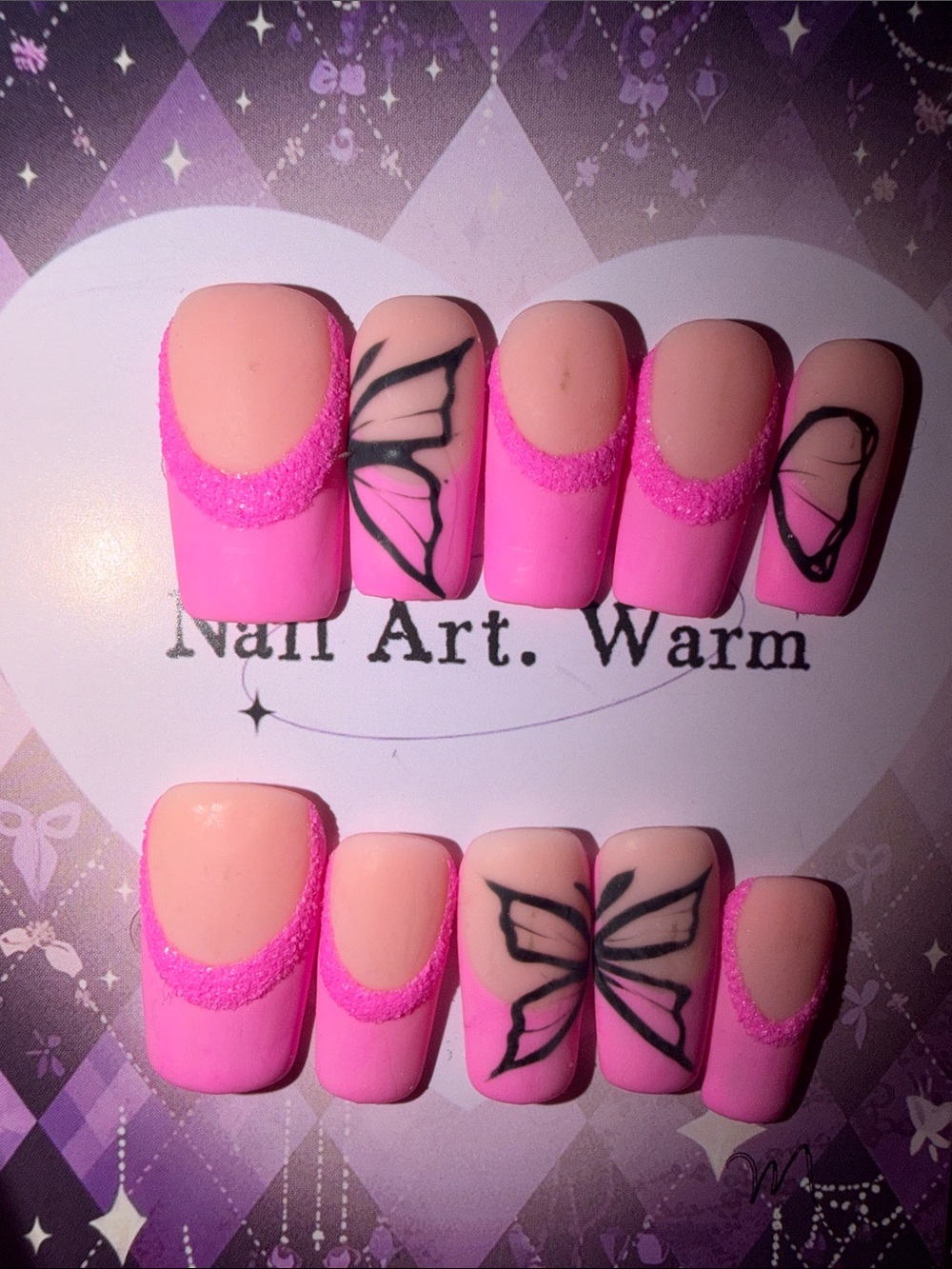 Pink Butterfly French Press-On Nails